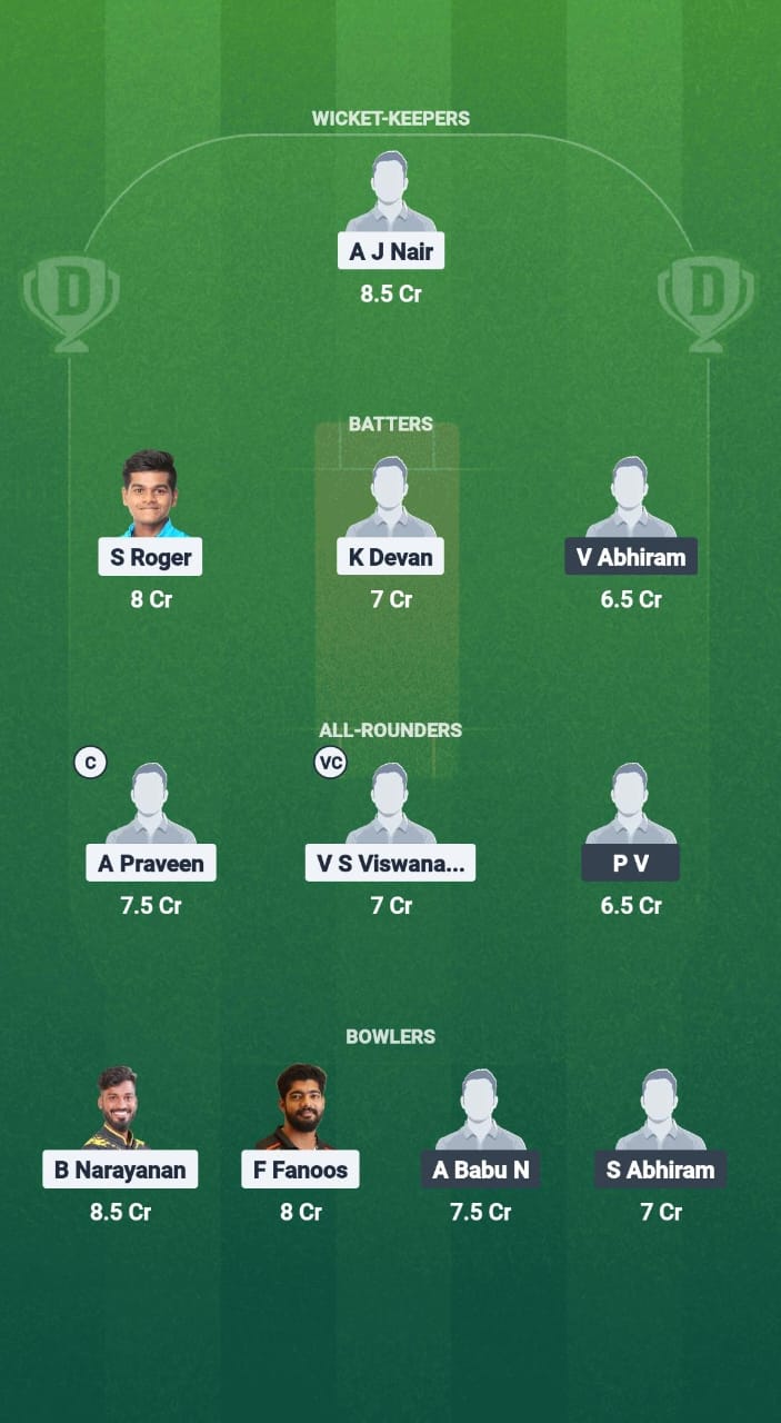 TVR vs KOD Dream11 Prediction Fantasy Cricket Tips Dream11 Team Kerala T20 Men's Challenger Trophy 2025 