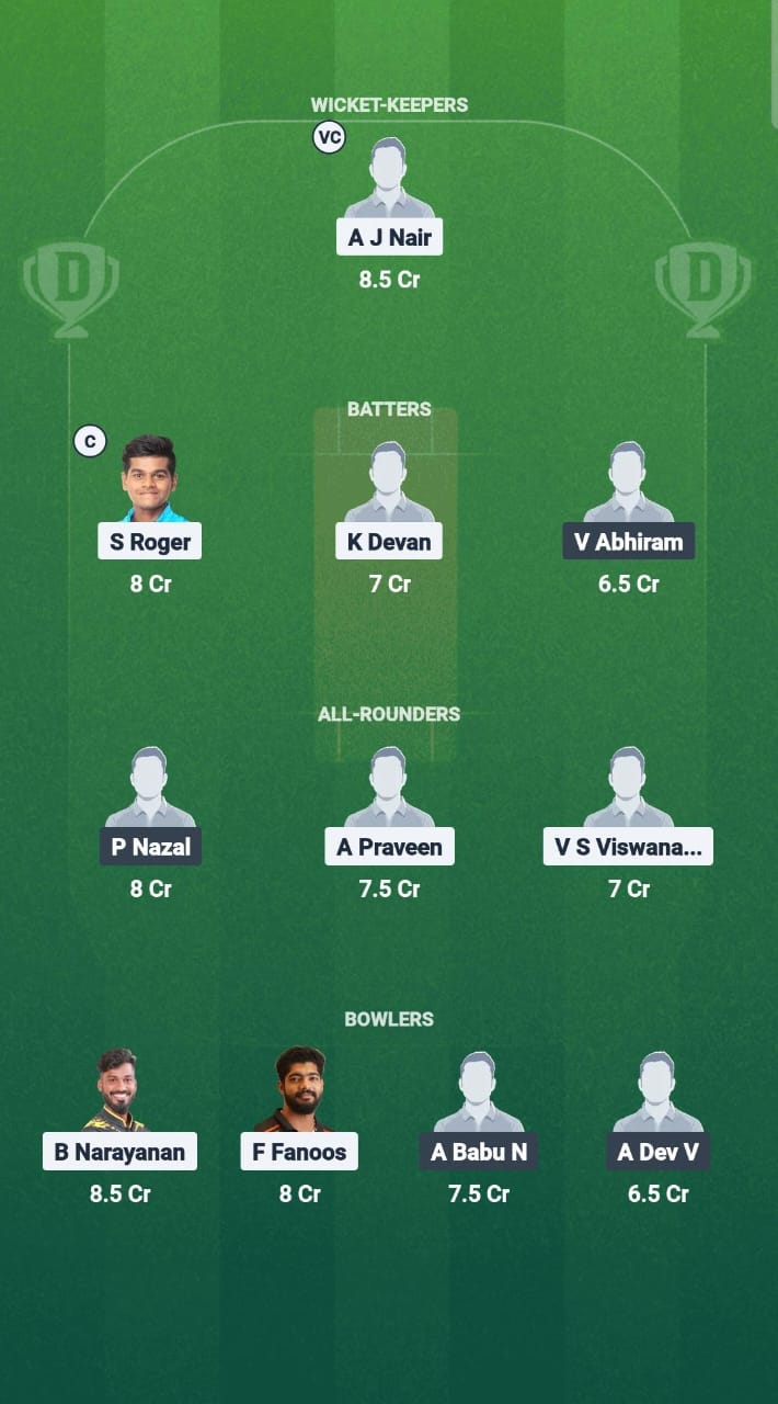 TVR vs KOD Dream11 Prediction Fantasy Cricket Tips Dream11 Team Kerala T20 Men's Challenger Trophy 2025 